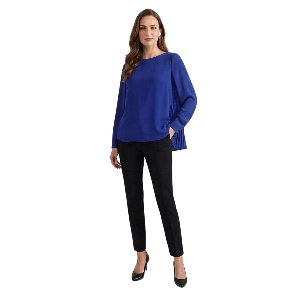 Badgley Mischka Trapeze Pleated Sheer Chiffon Boat Neck Cobalt Blue Blouse
